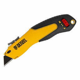 Нож, 19мм, сменное трапециевидное  лезвие, SK4, алюминиевый корпус, торцевой зажим Denzel